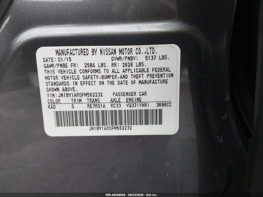 2015 Infiniti Q70 VIN JN1BY1AR0FM562232 IAAI salvage auction — FRONT END, Salvage Title, sold $5,600 on 2026-07-17 (photo 9)