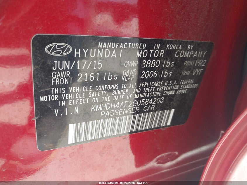2016 Hyundai Elantra VIN KMHDH4AE2GU584203 IAAI salvage auction — FRONT END, Salvage (California), sold $1,450 on 2026-07-08 (photo 9)