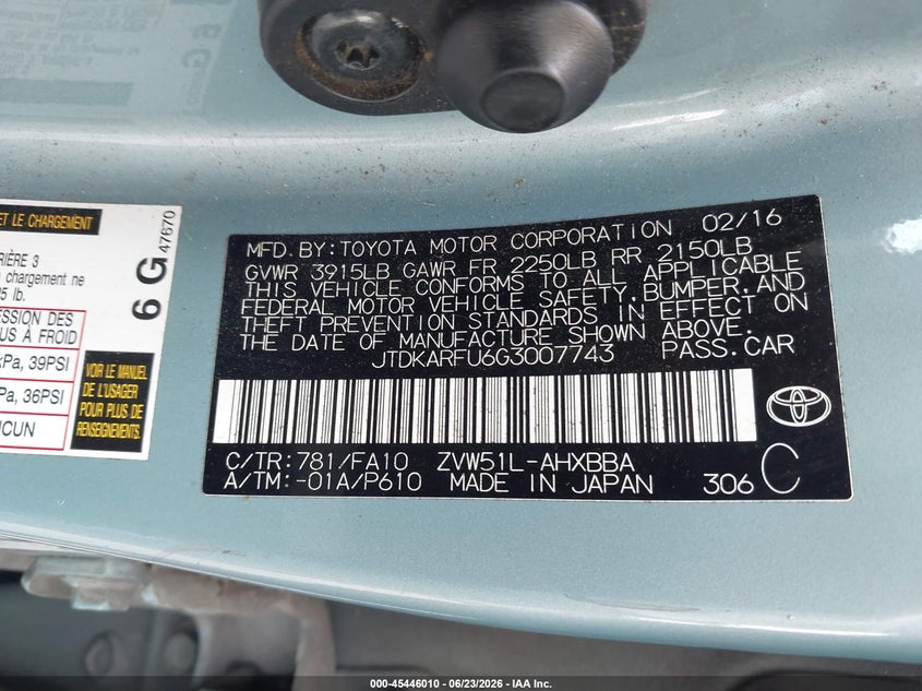 2016 Toyota Prius VIN JTDKARFU6G3007743 IAAI salvage auction — NORMAL WEAR, Clear (Georgia), sold $2,400 on 2026-07-08 (photo 9)