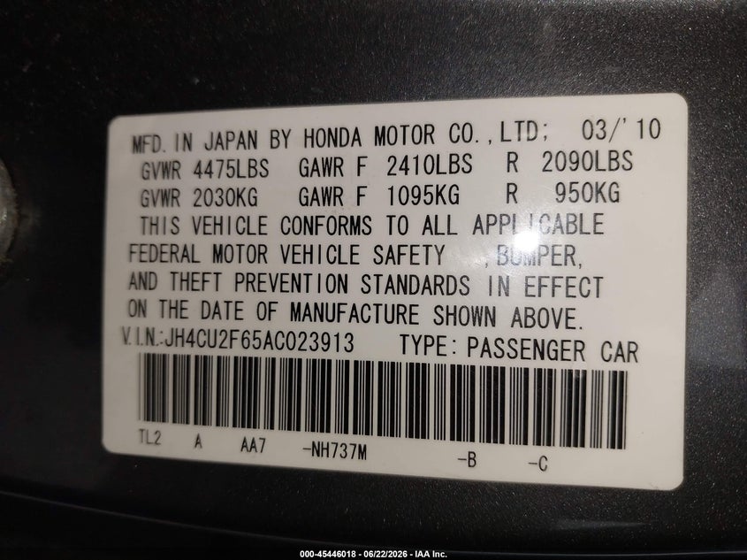 2010 Acura Tsx VIN JH4CU2F65AC023913 IAAI salvage auction — NORMAL WEAR, Clear (Pennsylvania), sold $500 on 2026-07-17 (photo 9)