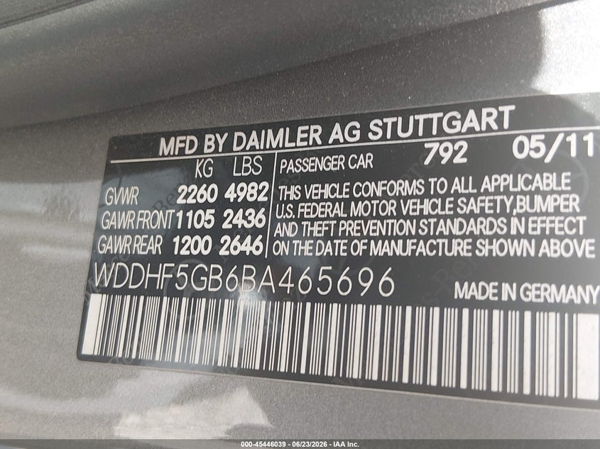2011 Mercedes-benz E-klasse VIN WDDHF5GB6BA465696 IAAI salvage auction — NORMAL WEAR, Original (Texas), sold $775 on 2026-07-14 (photo 9)