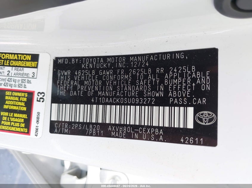 2025 Toyota Camry VIN 4T1DAACK0SU093272 IAAI salvage auction — LEFT REAR, Salvage Certificate (California), sold $17,600 on 2026-07-25 (photo 9)