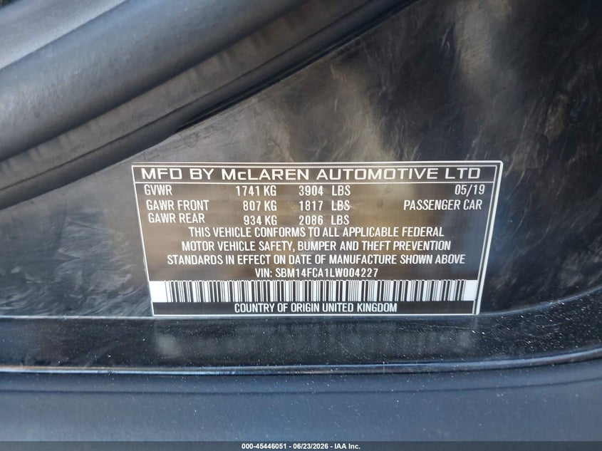 2020 Mclaren 720s VIN SBM14FCA1LW004227 IAAI salvage auction — FRONT END, Mv-907A (New York), sold $140,500 on 2026-07-08 (photo 9)