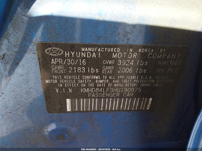 2017 Hyundai Elantra VIN KMHD84LF3HU190975 IAAI salvage auction — FRONT END, Salvage (New Jersey), sold $825 on 2026-07-27 (photo 9)