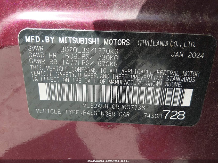 2024 Mitsubishi Mirage VIN ML32AUHJ0RH007736 IAAI salvage auction — FRONT END, Enterprise Vehicles Clear Only (Nevada), sold $6,575 on 2026-07-27 (photo 9)