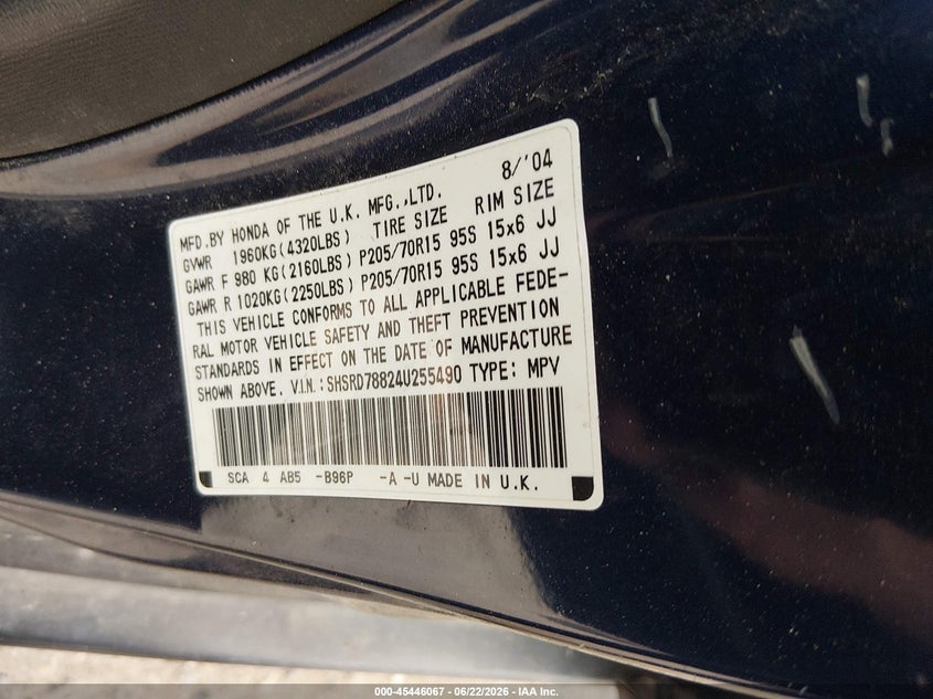 2004 Honda Cr-v VIN SHSRD78824U255490 IAAI salvage auction — NORMAL WEAR, Clear (Colorado), sold $1,250 on 2026-07-07 (photo 9)