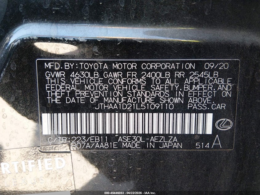 2020 Lexus Is VIN JTHAA1D21L5109110 IAAI salvage auction — LEFT & RIGHT, Salvage Title, sold $25 on 2026-07-29 (photo 9)