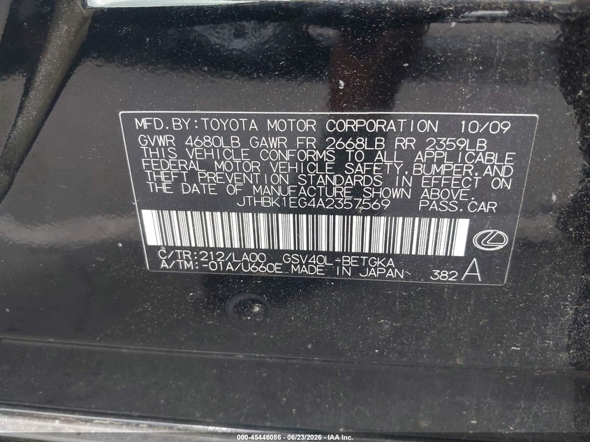 2010 Lexus ES VIN JTHBK1EG4A2357569 IAAI salvage auction — FRONT END, Salvage (North Carolina), sold $1,600 on 2026-07-22 (photo 9)