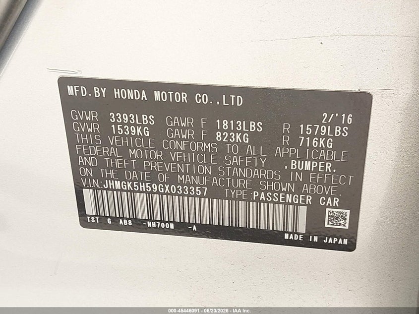 2016 Honda Fit VIN JHMGK5H59GX033357 IAAI salvage auction — FRONT END, Bill Of Sale (Washington), sold $1,450 on 2026-07-11 (photo 9)