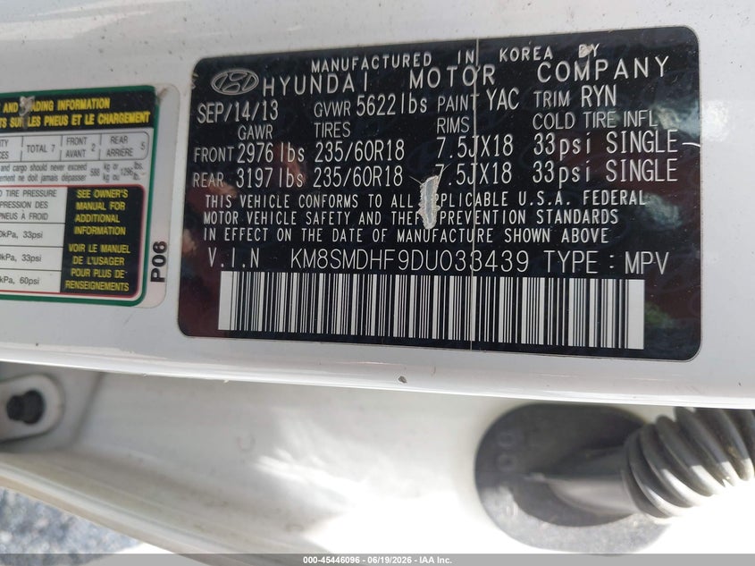 2013 Hyundai Santa fe VIN KM8SMDHF9DU033439 IAAI salvage auction — LEFT & RIGHT, Original (West Virginia), sold $2,450 on 2026-07-13 (photo 9)