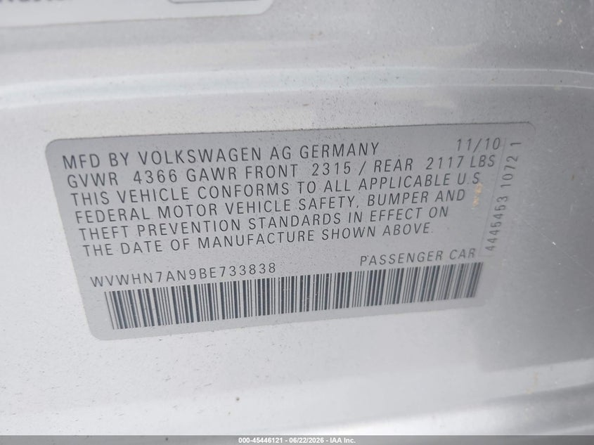 2011 Volkswagen Passat cc VIN WVWHN7AN9BE733838 IAAI salvage auction — REPOSSESSION, Clear (Georgia), sold $500 on 2026-07-15 (photo 9)