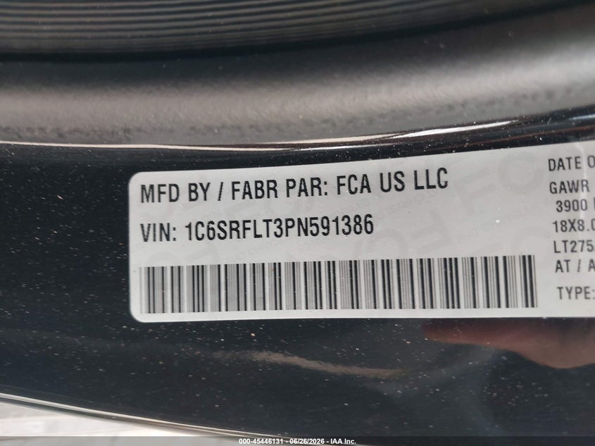 2023 Ram 1500 VIN 1C6SRFLT3PN591386 IAAI salvage auction — FRONT END, Wait Title, sold $16,600 on 2026-08-29 (photo 9)
