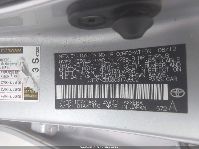 2012 Toyota Prius v VIN JTDZN3EU8C3173502 IAAI salvage auction — UNKNOWN, Salvage Title, sold $1,750 on 2026-08-02 (photo 9)