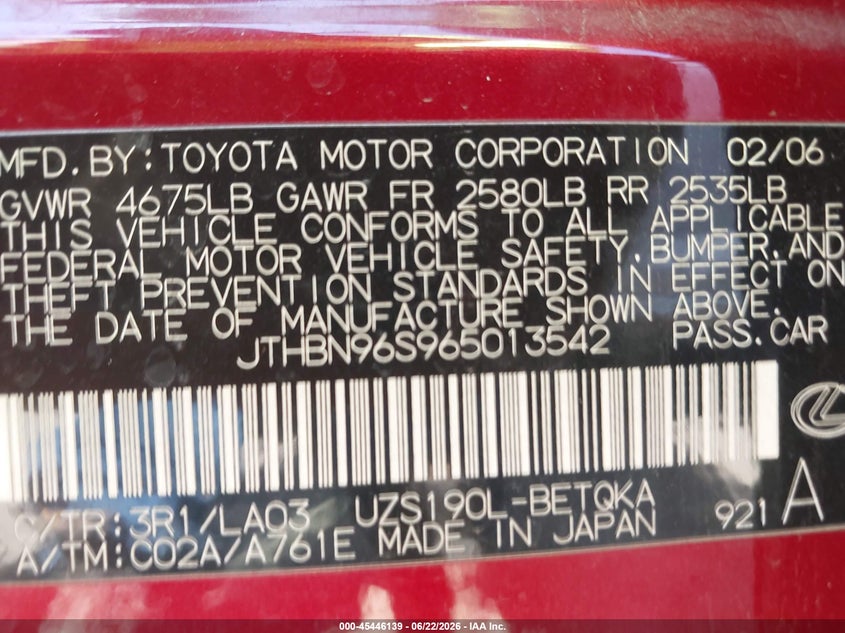 2006 Lexus Gs VIN JTHBN96S965013542 IAAI salvage auction — MECHANICAL, Salvage (Arizona), sold $575 on 2026-08-02 (photo 9)