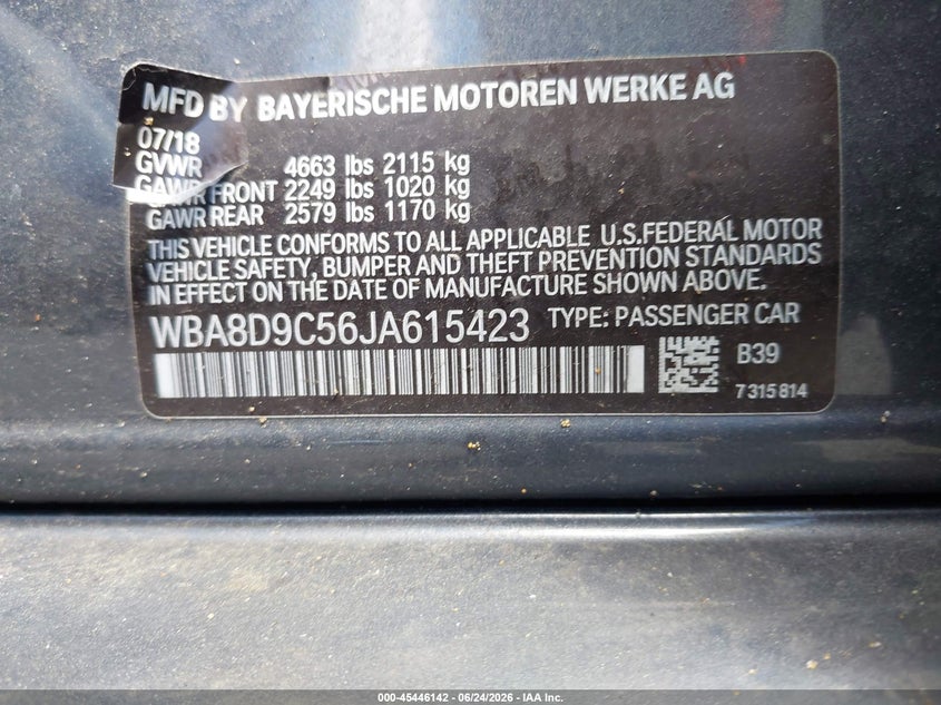 2018 BMW 3er VIN WBA8D9C56JA615423 IAAI salvage auction — FRONT END, Salvage (New Jersey), sold $7,650 on 2026-08-03 (photo 9)