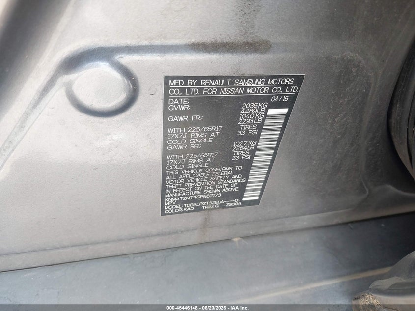 2016 Nissan Rogue VIN KNMAT2MT4GP687173 IAAI salvage auction — FRONT END, Salvage Title, sold $725 on 2026-07-22 (photo 9)