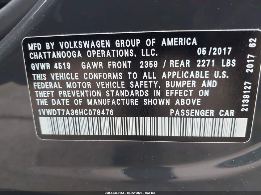 2017 Volkswagen Passat VIN 1VWDT7A36HC078476 IAAI salvage auction — SIDE, Salvage Title, sold $2,900 on 2026-07-22 (photo 9)