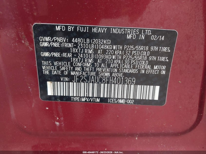 2015 Subaru Forester VIN JF2SJAUC8FH401369 IAAI salvage auction — SIDE, Salvage - Greater Than 75% (Maryland), sold $2,125 on 2026-07-09 (photo 9)