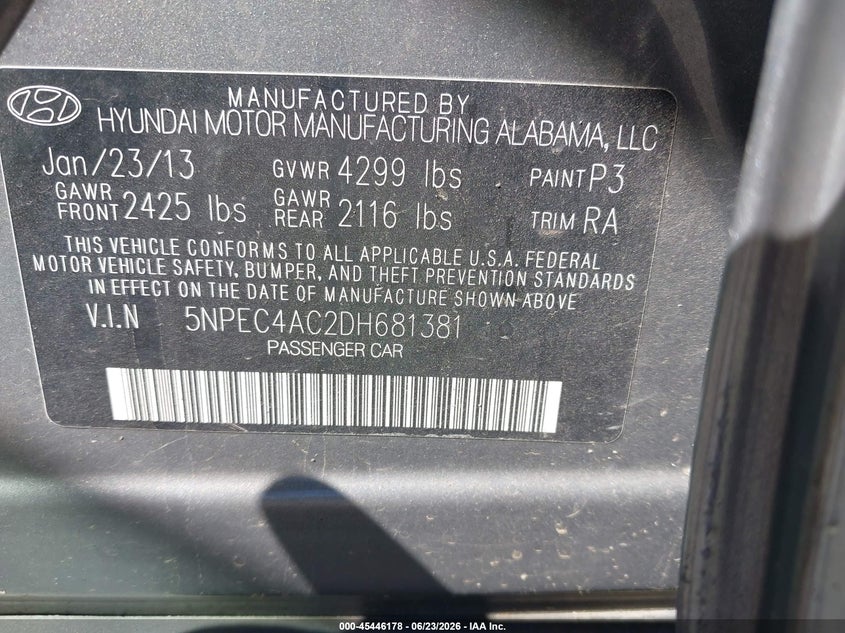 2013 Hyundai Sonata VIN 5NPEC4AC2DH681381 IAAI salvage auction — REAR END, Salvage (Ohio), sold $400 on 2026-07-20 (photo 9)