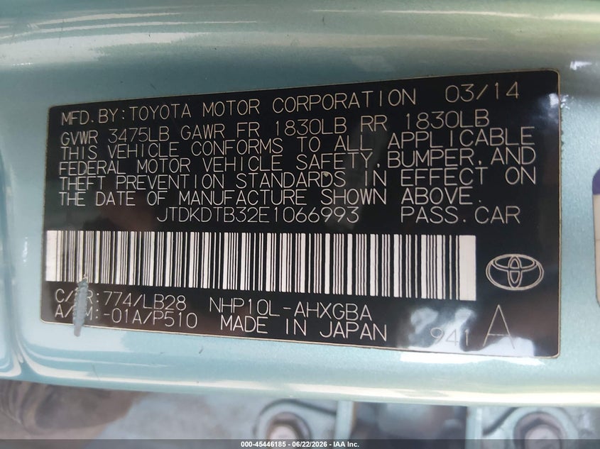 2014 Toyota Prius c VIN JTDKDTB32E1066993 IAAI salvage auction — REAR END, Bill Of Sale (Washington), sold $1,300 on 2026-07-09 (photo 9)