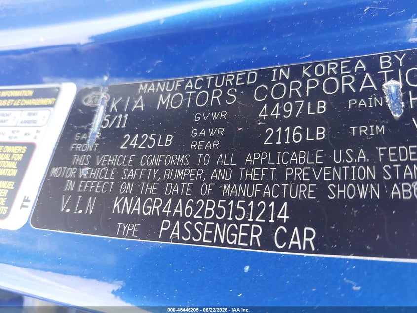 2011 Kia Optima VIN KNAGR4A62B5151214 IAAI salvage auction — REPOSSESSION, Repossession Paperwork (Georgia), sold $1,500 on 2026-07-19 (photo 9)