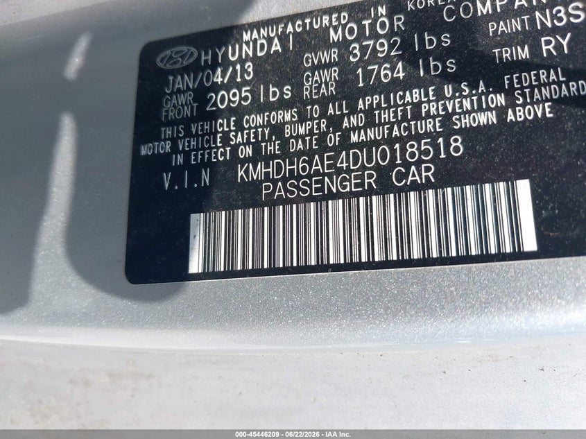 2013 Hyundai Elantra VIN KMHDH6AE4DU018518 IAAI salvage auction — NORMAL WEAR, Original (Texas), sold $925 on 2026-07-20 (photo 9)