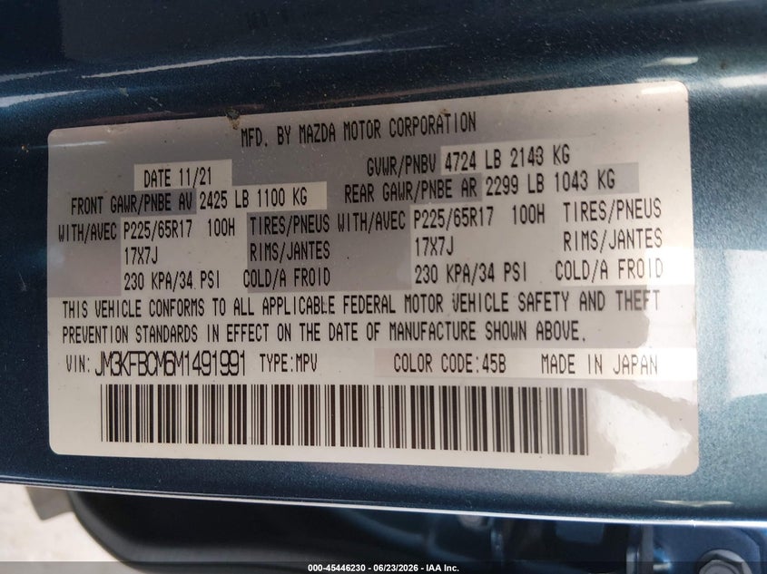 2021 Mazda Cx-5 VIN JM3KFBCM6M1491991 IAAI salvage auction — FRONT & REAR, Bill Of Sale (Washington), sold $4,050 on 2026-07-29 (photo 9)