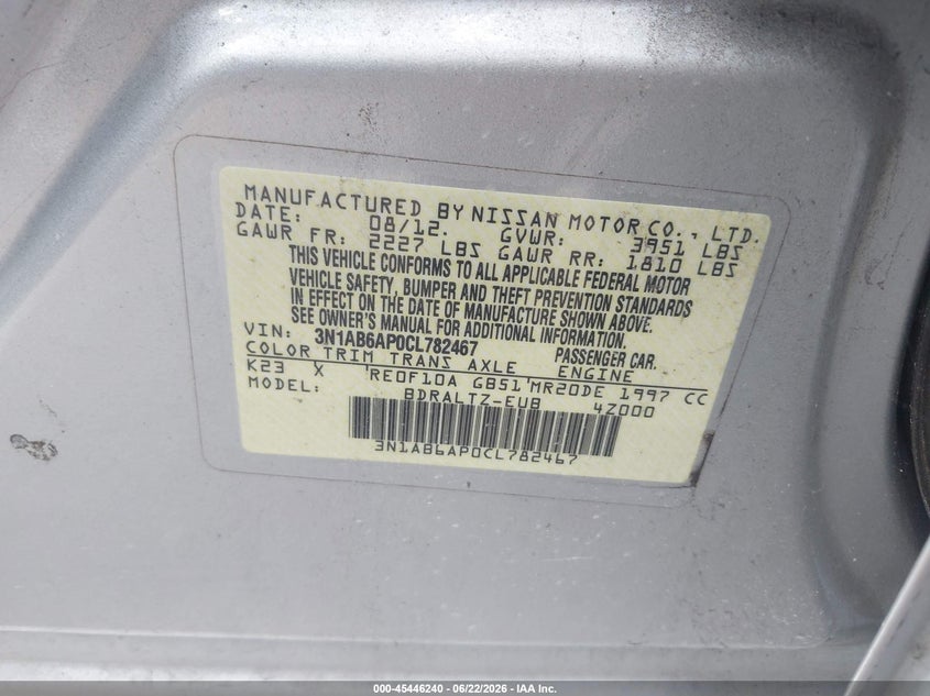 2012 Nissan Sentra VIN 3N1AB6AP0CL782467 IAAI salvage auction — NORMAL WEAR, Original (Texas), sold $750 on 2026-07-19 (photo 9)