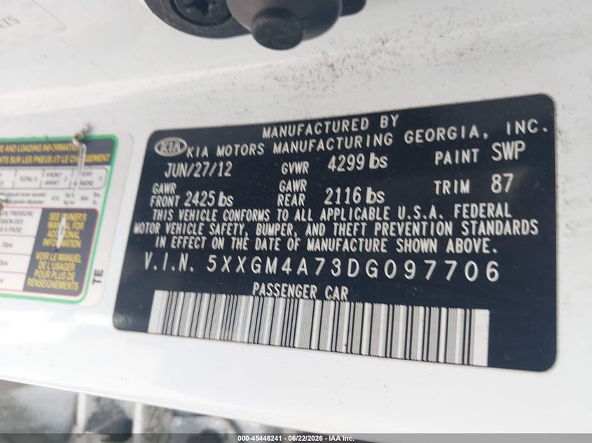 2013 Kia Optima VIN 5XXGM4A73DG097706 IAAI salvage auction — FRONT END, Salvage (Florida), sold $400 on 2026-07-15 (photo 9)