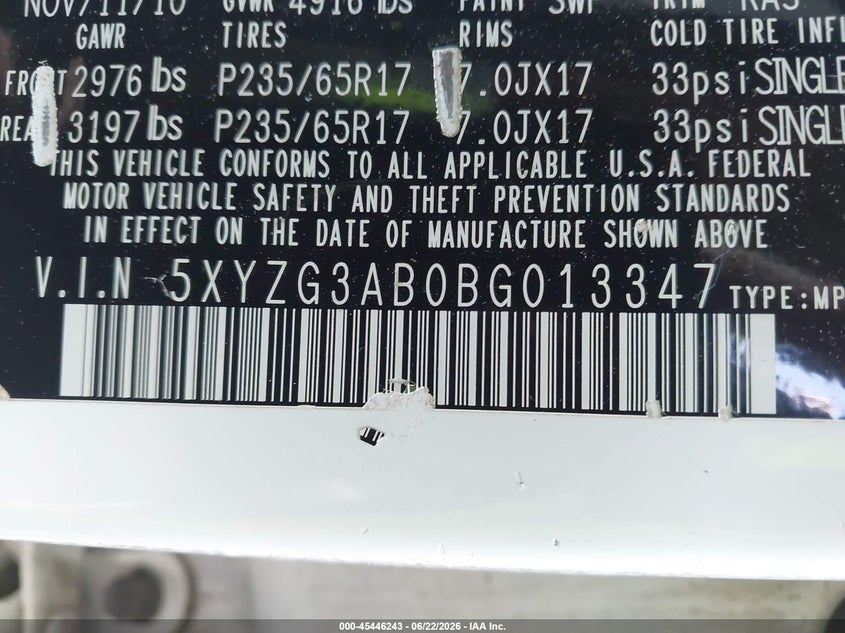 2011 Hyundai Santa fe VIN 5XYZG3AB0BG013347 IAAI salvage auction — UNKNOWN, Salvage (North Carolina), sold $2,050 on 2026-07-16 (photo 9)