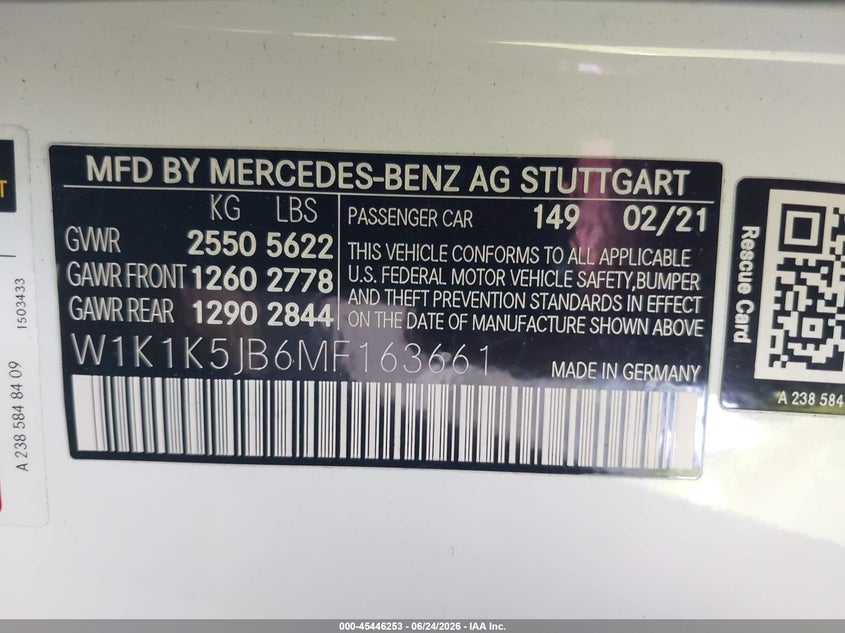 2021 Mercedes-benz E-klasse VIN W1K1K5JB6MF163661 IAAI salvage auction — FRONT END, Salvage Title, sold $6,700 on 2026-07-26 (photo 9)