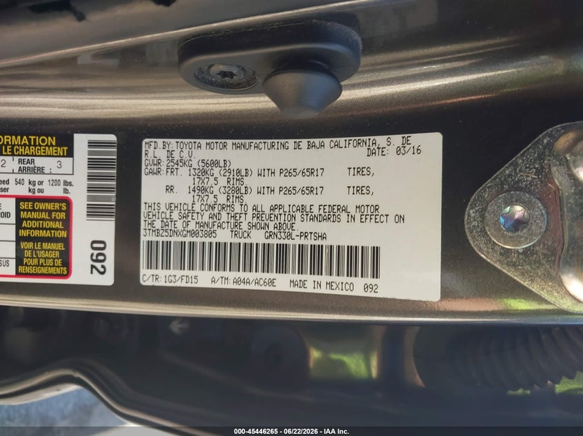 2016 Toyota Tacoma VIN 3TMBZ5DNXGM003805 IAAI salvage auction — REAR END, Salvage (Hawaii), sold $7,250 on 2026-08-25 (photo 9)