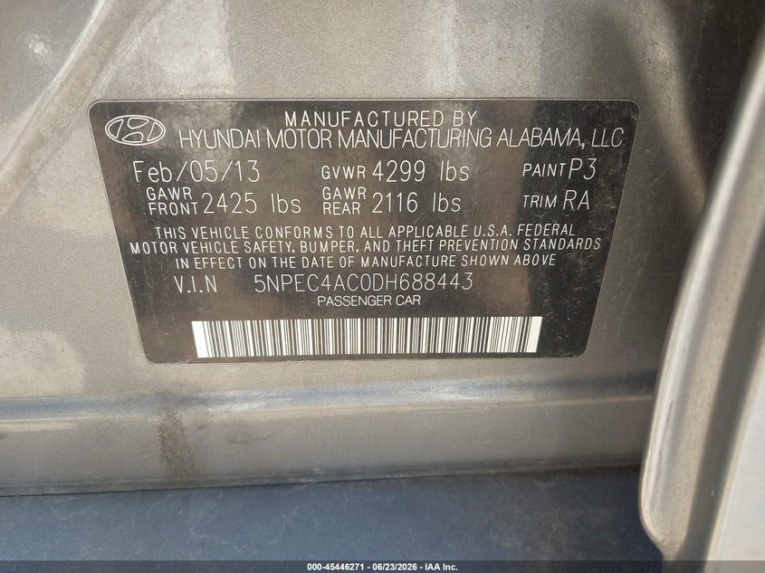 2013 Hyundai Sonata VIN 5NPEC4AC0DH688443 IAAI salvage auction — LEFT FRONT, Clear (Illinois), sold $350 on 2026-07-15 (photo 9)