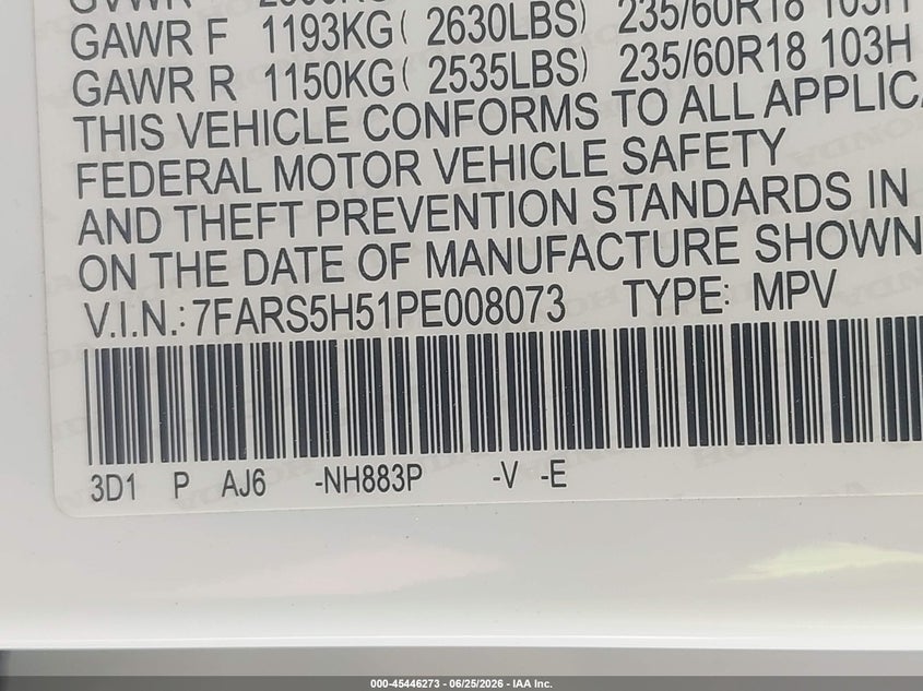 2023 Honda Cr-v VIN 7FARS5H51PE008073 IAAI salvage auction — FRONT & REAR, Salvage - Greater Than 75% (Maryland), sold $11,700 on 2026-07-09 (photo 9)