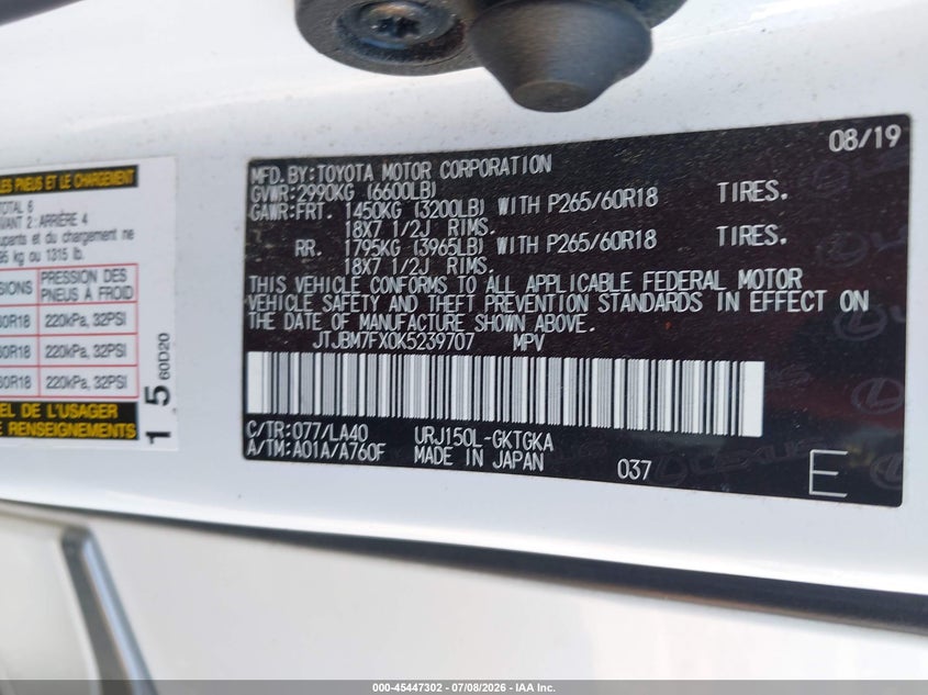 2019 Lexus Gx VIN JTJBM7FX0K5239707 IAAI salvage auction — FRONT END, Salvage (Mississippi), sold $15,100 on 2026-08-02 (photo 9)