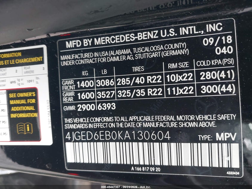 2019 Mercedes-benz Amg gle coupe VIN 4JGED6EB0KA130604 IAAI salvage auction — FRONT END, Salvage Title, sold $22,400 on 2026-08-12 (photo 9)