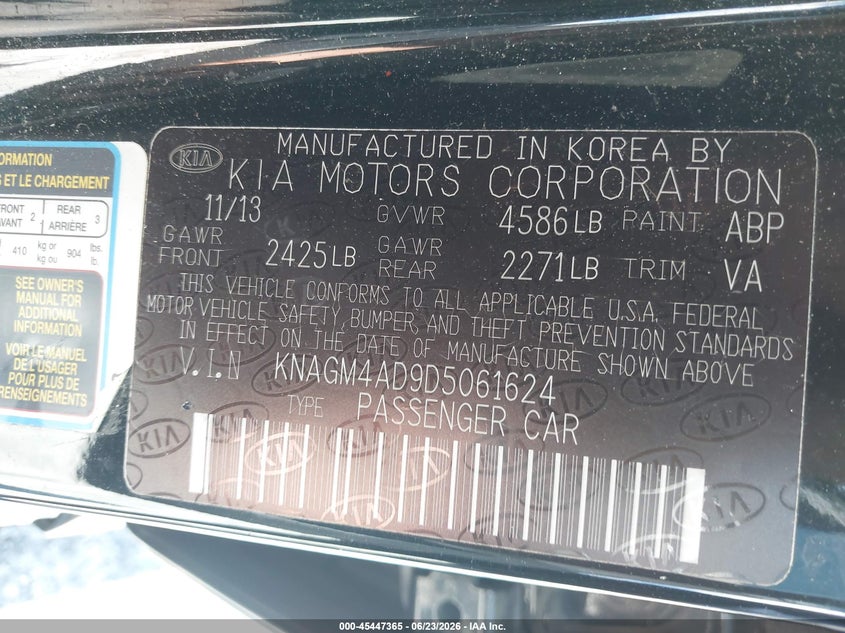 2013 Kia Optima VIN KNAGM4AD9D5061624 IAAI salvage auction — SIDE, Salvage (Georgia), sold $275 on 2026-07-22 (photo 9)