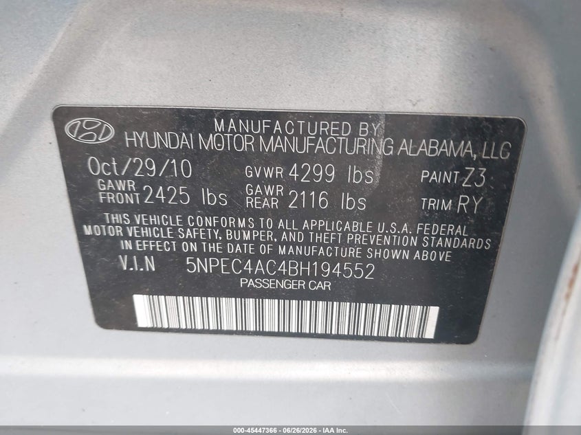 2011 Hyundai Sonata VIN 5NPEC4AC4BH194552 IAAI salvage auction — NORMAL WEAR, Clear (Illinois), sold $300 on 2026-07-29 (photo 9)
