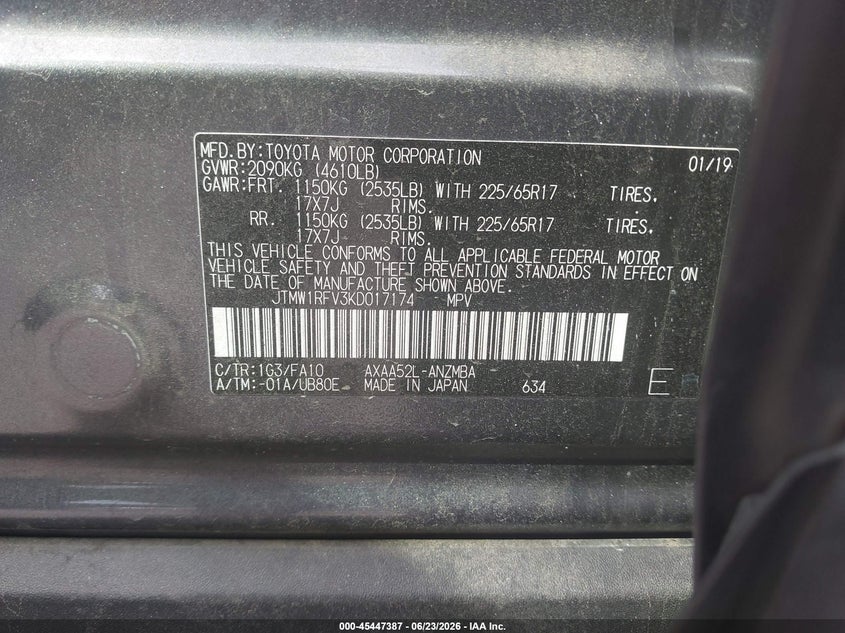2019 Toyota Rav 4 VIN JTMW1RFV3KD017174 IAAI salvage auction — FRONT END, Salvage Title, sold $8,500 on 2026-07-22 (photo 9)