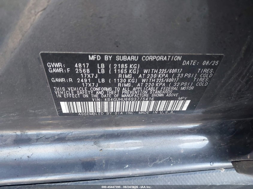2025 Subaru Xv VIN 4S4GUHU66S3775416 IAAI salvage auction — FRONT END, Salvage Title, sold $2,000 on 2026-07-25 (photo 9)