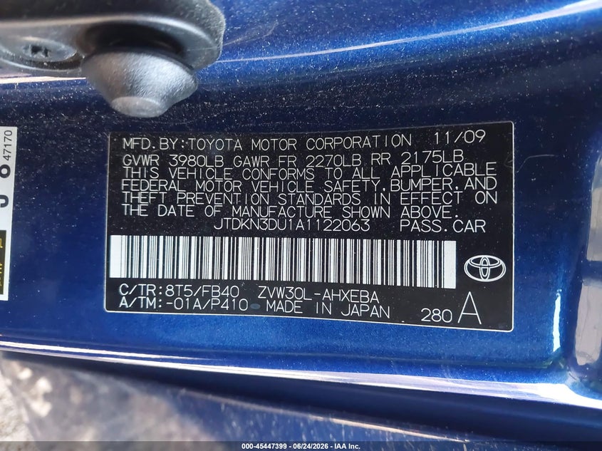 2010 Toyota Prius VIN JTDKN3DU1A1122063 IAAI salvage auction — LEFT SIDE, Salvage (Delaware), sold $1,100 on 2026-07-27 (photo 9)