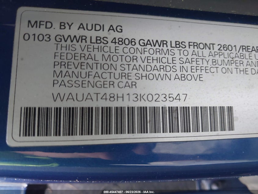 2003 Audi A4 VIN WAUAT48H13K023547 IAAI salvage auction — RIGHT REAR, Salvage (North Carolina), sold $125 on 2026-07-23 (photo 9)
