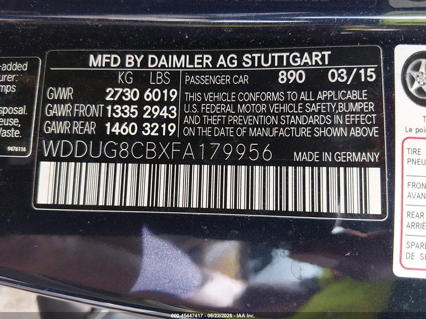 2015 Mercedes-benz VIN WDDUG8CBXFA179956 IAAI salvage auction — WATER/FLOOD, Salvage (Louisiana), sold $4,850 on 2026-07-20 (photo 9)