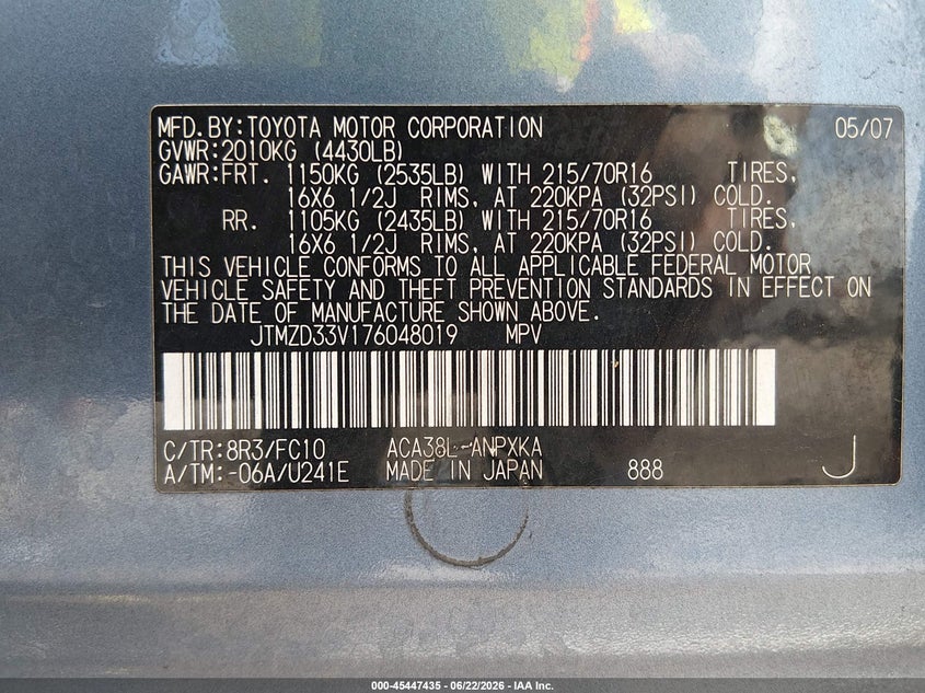 2007 Toyota Rav 4 VIN JTMZD33V176048019 IAAI salvage auction — FRONT END, Salvage (Louisiana), sold $900 on 2026-07-19 (photo 9)