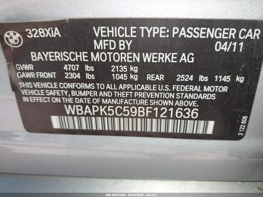 2011 BMW 3 series VIN WBAPK5C59BF121636 IAAI salvage auction — REAR END, Junk Bill Of Sale Mv2459 (Wisconsin), sold $300 on 2026-07-24 (photo 9)
