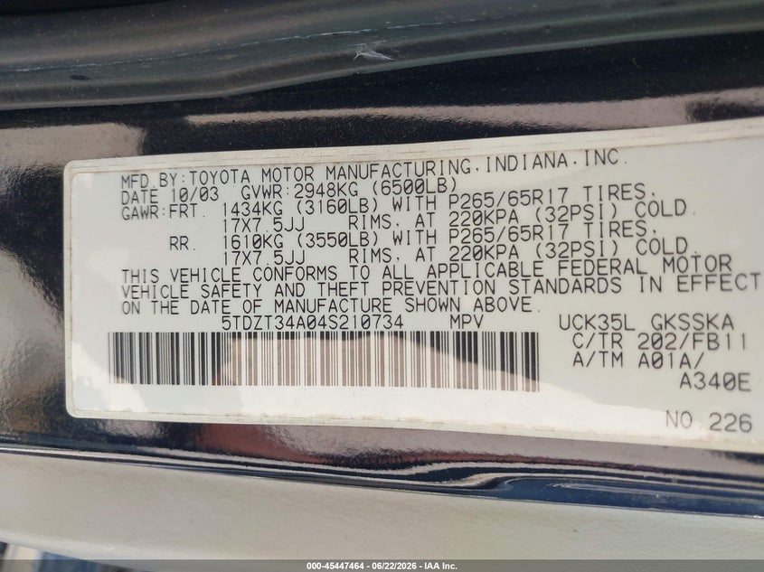 2004 Toyota Sequoia VIN 5TDZT34A04S210734 IAAI salvage auction — FRONT END, Salvage (Texas), sold $850 on 2026-07-09 (photo 9)
