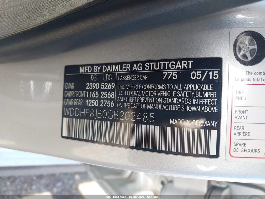 2016 Mercedes-benz E-klasse VIN WDDHF8JB0GB202485 IAAI salvage auction — REAR END, Salvage Title, sold $3,025 on 2026-08-18 (photo 9)