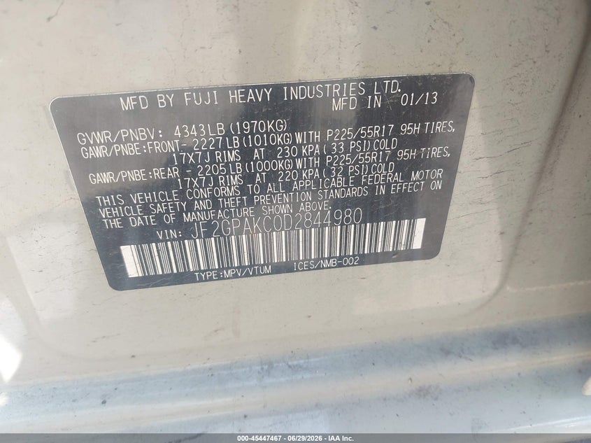 2013 Subaru Xv VIN JF2GPAKC0D2844980 IAAI salvage auction — REAR END, Mv-907A (New York), sold $675 on 2026-07-07 (photo 9)