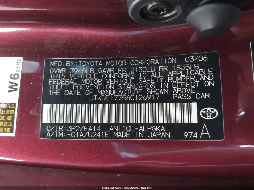 2006 Scion Tc VIN JTKDE177560126917 IAAI salvage auction — FRONT END, Salvage (California), sold $450 on 2026-07-09 (photo 9)