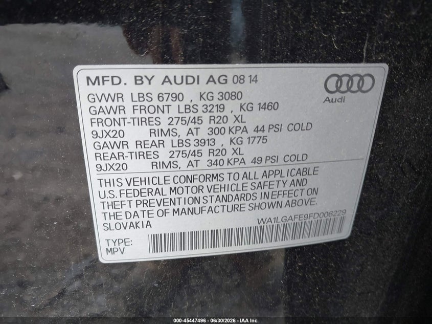 2015 Audi Q7 VIN WA1LGAFE9FD006229 IAAI salvage auction — RIGHT SIDE, Mv-907A (New York), sold $125 on 2026-07-28 (photo 9)